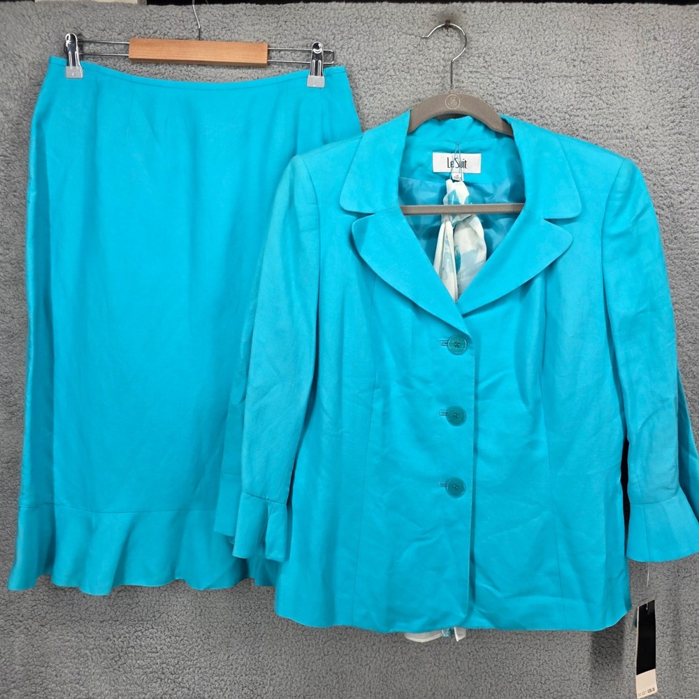 Le Suit Womens Blue Jay Linen Blend Skirt Suit Set Blazer Ruffle Skirt 12 NEW